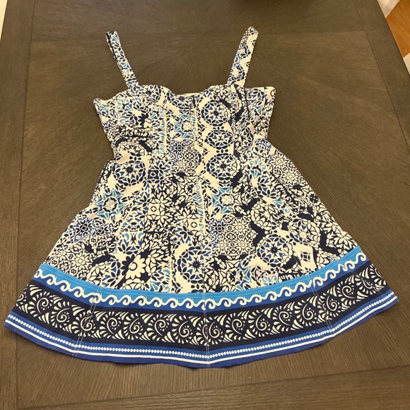 Avec Les Filles Blue White Mosaic Sweetheart Neck Mini Sundress Size 14 NEW - Picture 12 of 14